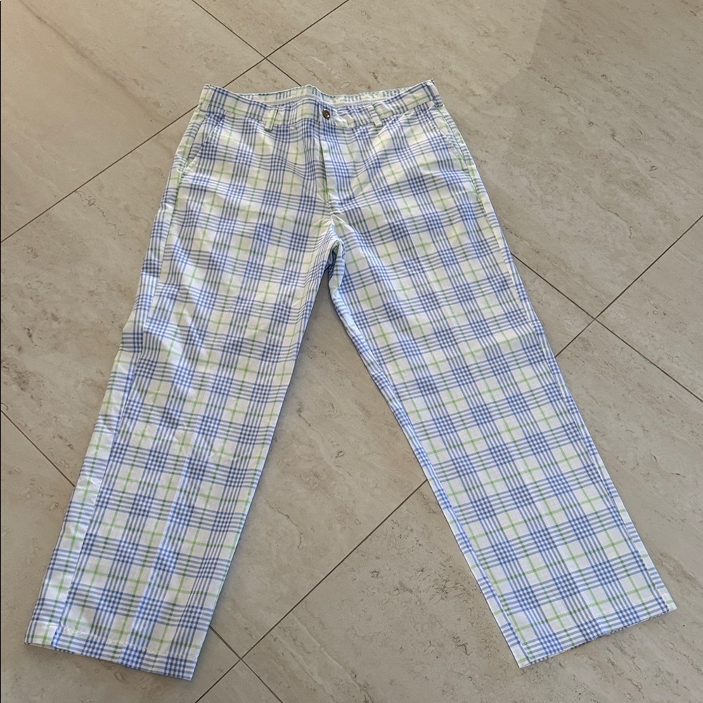 Izod Men's White Plaid Chinos with Blue & Green Stripes